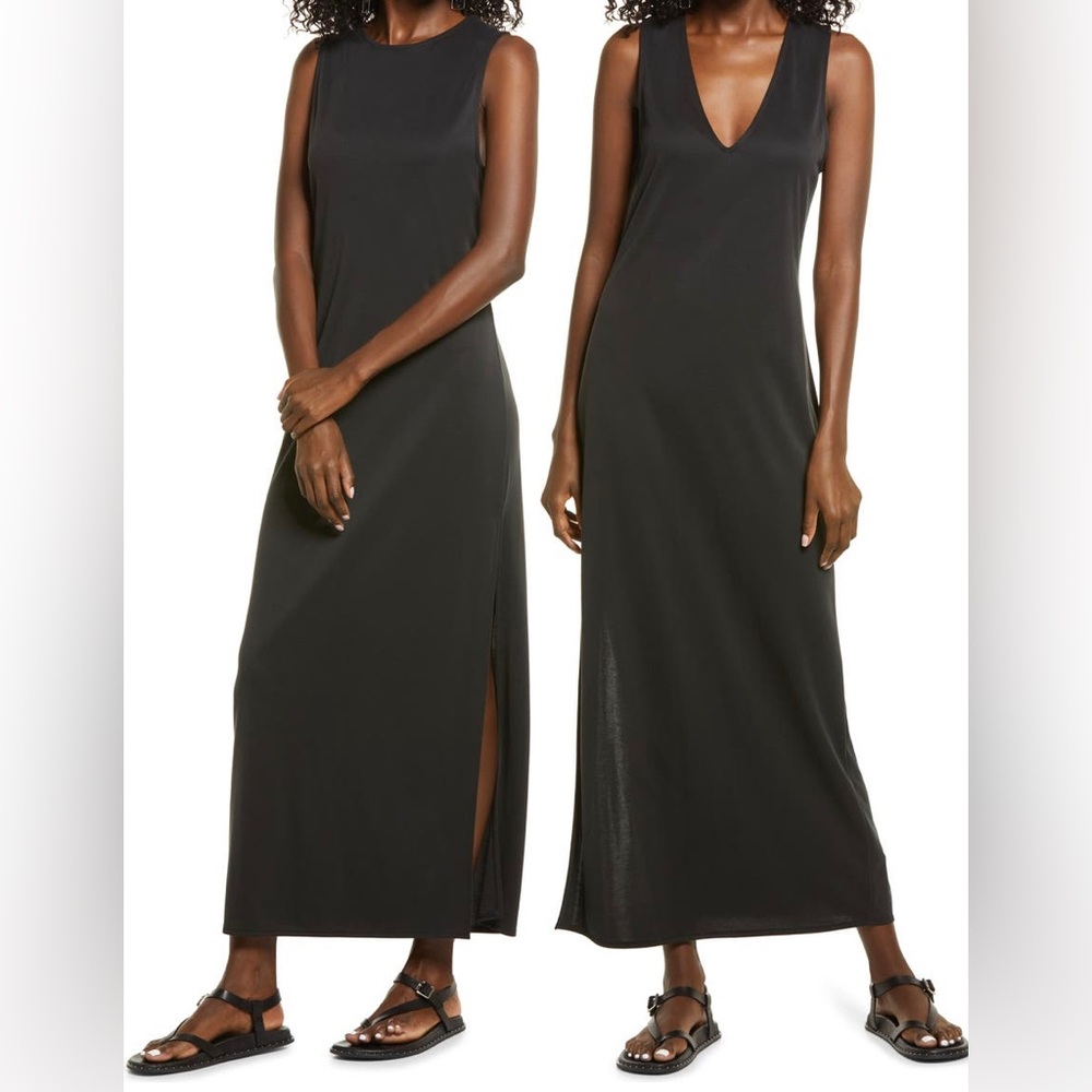 NWT Open Edit XXS Wear Two Ways Knit Midi Dress Black V Neck Slit Casual